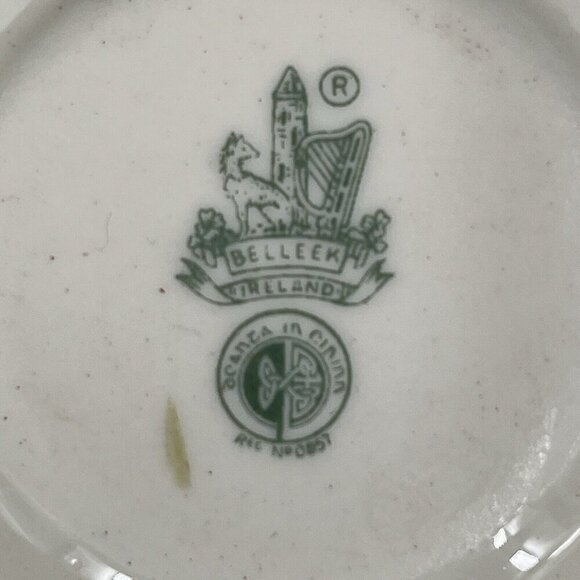 Belleek Shamrock Shell Cup Saucer Harp Handle Green Mark 1965-1981 Vtg Porcelain - Picture 5 of 10